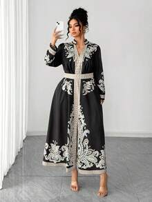 Elenzga Fashionable Casual French Retro Elegant Stand Collar Waist Cinched Floral Print Dress - Black - View 6