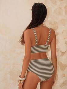 Swim Chiccia Women's New V-Neck Sleeveless Knit Jacquard Fabric Top And High Waist Triangle Bottom Casual Elegant Swimsuit 2-Piece Set, Spring/Summer - Multicolor - View 2