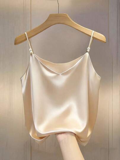 GlowEve Elegant Commuter Chic French Style V-Neck Satin Camisole Top With Pearl Decor, For Women