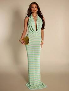SHEIN BAE Elegant Striped Pattern Halter Neck Draped Sweater Dress,New Arrivals In 2026, Beach Vacation Style.Vacation Outfits Women ,Summer Holiday Outfits,Elegant Dress Women ,Holiday ,Vacation .A Green Striped Knit Dress With A Halter Neckline, Perfect For Beach Vacations, Dates, Casual Wear, And Holidays. This Elegant And Sexy Green Striped Dress Is An Ideal Choice For Beach Vacations, Seaside Trips, And Beach Dates. - Multicolor - View 5