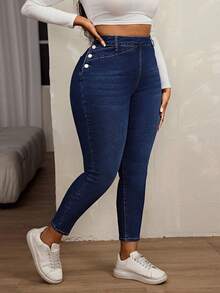 SHEIN SXY Quần jean skinny cỡ lớn dành cho nữ, có chun co giãn và cúc cài bên hông. - Màu xanh lam - Xem 9