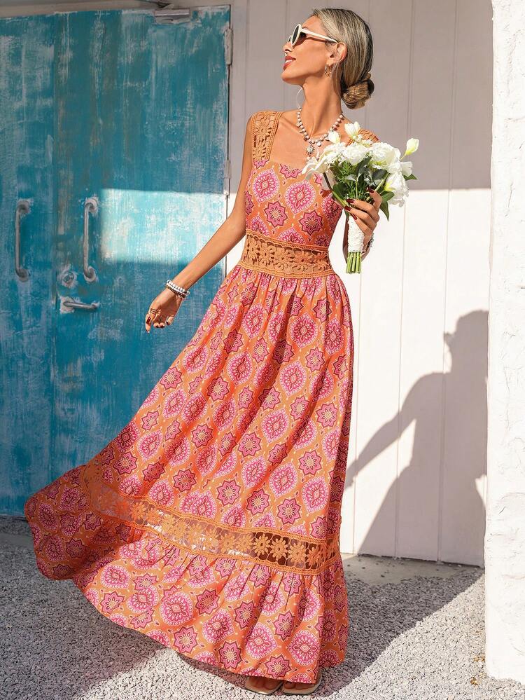 Vivid Eden Vestido de tirantes de línea A con textura de encaje floral de retazos de unicolor casual para vacaciones - Multicolor - Añade 6