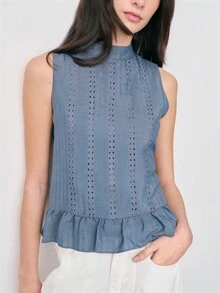 Nöista Sleeveless Blouse With Lace Stripes, A Medium Neckline, And A Ruffled Hem And Back Button Closure. Spring, Summer, Easter. - Navy Blue - View 5