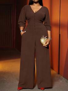 Veslaya Plus Size 2025 Autumn New Music Festival, Easter, St. Patrick's Day, Western, Nomadic, Birthday Party, Graduation Season, College Style, Student Wear, Daily Casual, All-Match Versatile, Leisure, Cruise Travel, Beach, Sunbathing, Viral, Streetwear, Wedding Guest Boho, Commute, Brunch, Airport, V-Neck 3/4 Sleeve Long Jumpsuit In Brown Textured Crinkle Fabric With Crisscross Back Design - Brown - View 17