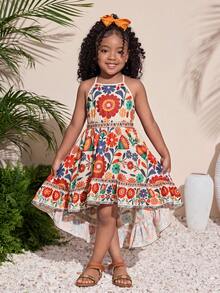 Young Girls Tropical Plant Print Backless Dress, Suitable For Vacation, Beach, Hawaii, Casual Daily Wear - Orange - View 2