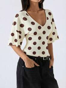 LYSMO 2026 New Arrival Women's Simple Brown Polka Dot Flare Sleeve Shirt, Versatile For Commuting/Christmas/New Year/Thanksgiving/Graduation, Elegant & Fashionable, Casual Comfortable Homewear, Deep V-Neck Design, Figue Color - Multicolor - View 1