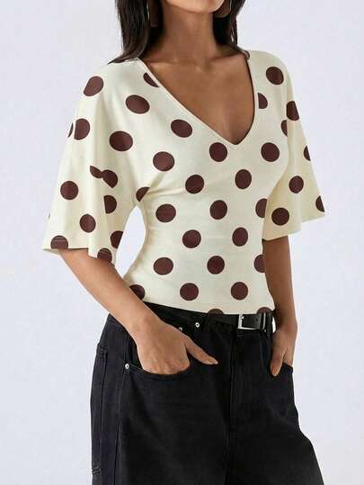 LYSMO 2026 New Arrival Women's Simple Brown Polka Dot Flare Sleeve Shirt, Versatile For Commuting/Christmas/New Year/Thanksgiving/Graduation, Elegant & Fashionable, Casual Comfortable Homewear, Deep V-Neck Design, Figue Color