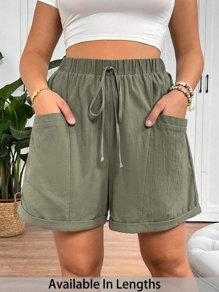 SHEIN Tall CURVE Women's Plus Size Fashionable Casual Loose Shorts With Pocket Design,Vacation,Summer,Beach Shorts,Carnival Costume,Summer,Going Out,Casual,Beach Vacation - Army Green - View 3