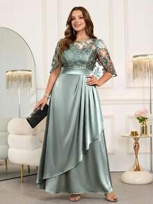 Ellevyn 大码女士优雅拼接刺绣网纱腰部裹身褶皱连衣裙 - 薄荷綠 - 查看 5