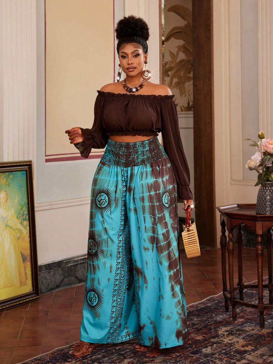 Maweii Plus Size Placement Print Cinched Waist Loose Casual Vacation Pants - Multicolor - View 1