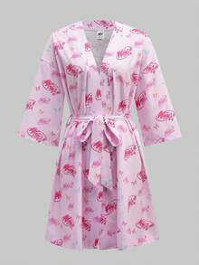 The Winx X SHEIN Women's Letter & Cartoon Figure Graphic Belted Robe - Pink - View 7