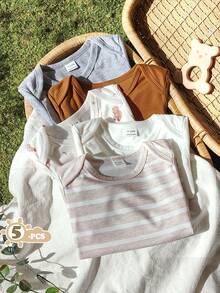 Vintaside Kids Bộ đồ liền thân ngắn tay cổ bẻ kiểu gấu hoạt hình màu trắng, xám, nâu kẻ sọc cho bé trai mùa hè, gồm 5 món. - Nhiều màu - Xem 1