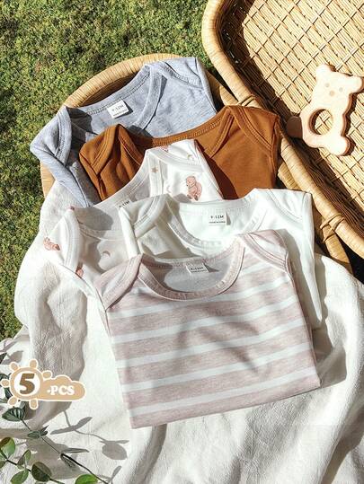 Vintaside Kids Baby Boy Summer White, Grey, Brown, Striped, Cartoon Bear Style Envelope Collar Short-Sleeved Bodysuits Five-Piece.