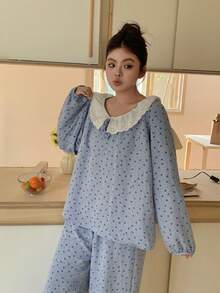 Dazy Plus Plus Size Women Bow Polka Dot Print Ruffle Trim Long Sleeve Top And Pants Pajama Set - Blue - View 5