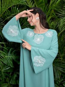 SHEIN Najma 女士休闲优雅宽松花卉水钻装饰睡袍 - 藍色 - 查看 3