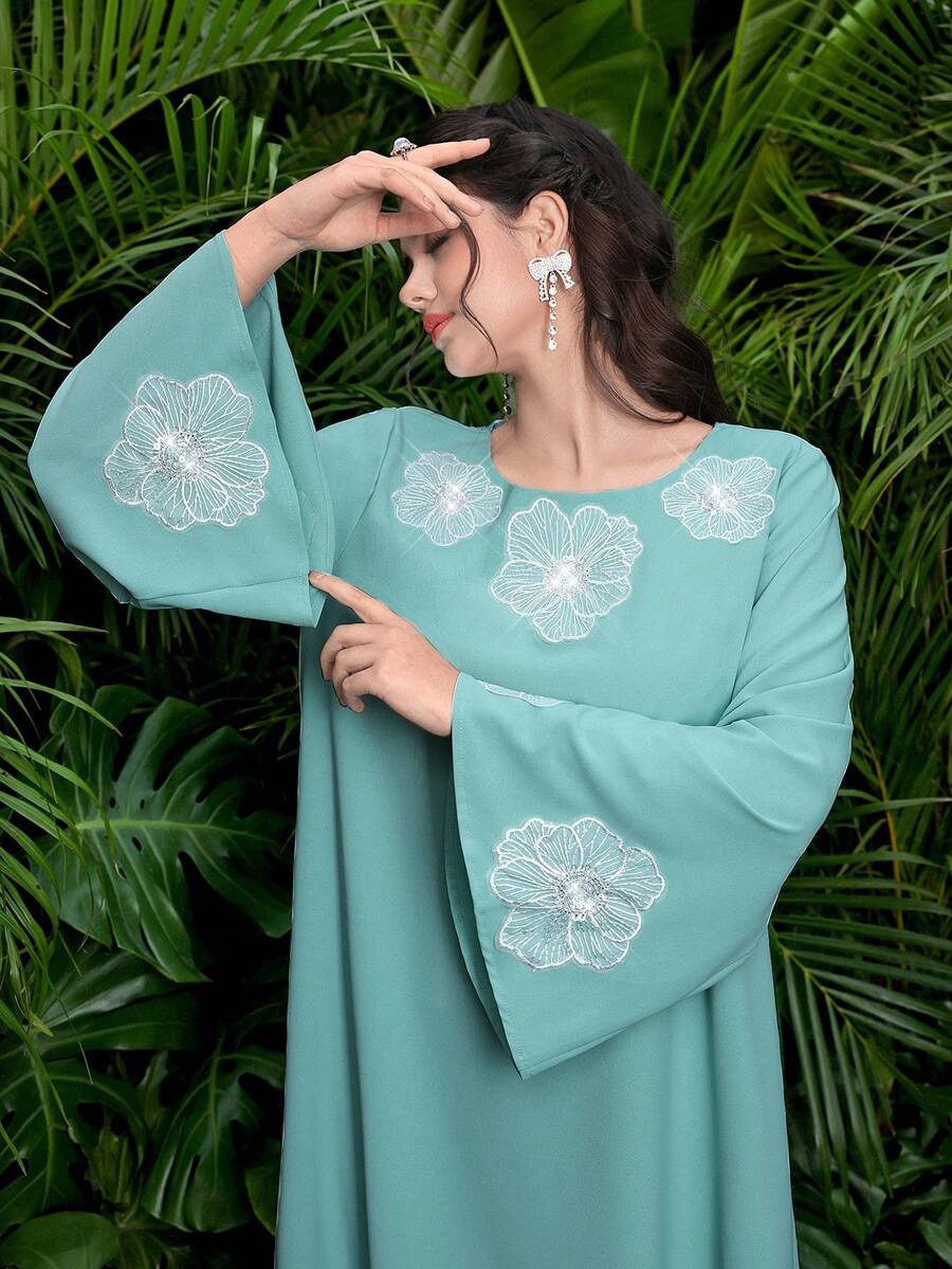 SHEIN Najma Women's Casual Elegant Loose Floral Rhinestone Embellished Robe - Blue - View 1