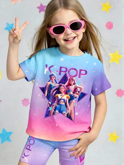 2pcs/Set Baby Girl Casual K-POP Korean Style Cartoon Girl Pentagram Colorblock Tie-Dye Short Sleeve Round Neck T-Shirt And Matching Shorts Set, Suitable For Holiday Casual Wear