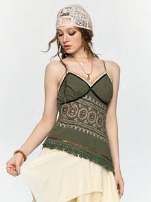 ROMWE Fairycore 仙女风休闲度假刺绣撞色不对称吊带背心 - 軍綠色 - 查看 7