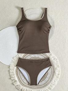SHEIN Swim Lushore Swim Lushoire 新款女士纯色纹理面料方领贝壳边比基尼套装，沙滩泳装 - 咖啡棕 - 查看 4