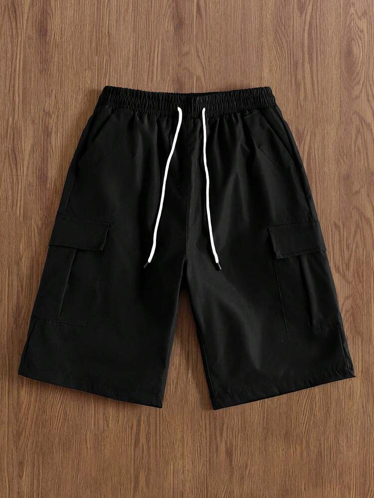 Manfinity Hypemode Men's Solid Color Drawstring Waist Wide Leg Loose Casual Shorts, Men's Multi-Pocket Work Shorts, Men's Casual Shorts. Suitable For Daily Wear, Going Out, School, Party, Home, Travel, Music Festival. Also Suitable For Giving To Family And Friends - Black - View 1