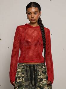 COUREZ Open Knit Hooded Top Long Sleeve /Y2K Spring Clothes For Women Street Streetwear Cute Going Out Outfits Causal Knit Party Rave Knit Cardigan Summer Trousers Summer Outfits Funnel Neck Knit - Red - View 2