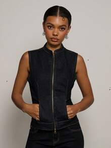 COUREZ FITTED SLEEVELESS DENIM TOP WITH CURVED COLLAR - Dark Wash - View 7