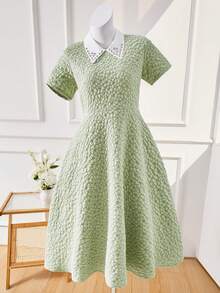 Diamond Collar, Jacquard Textured Woven Fabric, French Style A-Line Maxi Skirt, Elegant High Waist Snug Fit, Fashionable & Graceful For Teenage Girls In Summer - Green - View 3