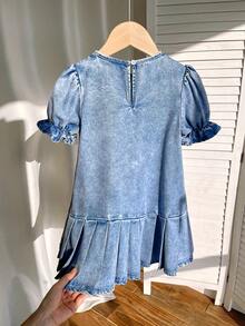 Young Girl' White Ribbon Bow Accent Blue Denim Ruffle Trim Puff Sleeve Dress - Light Wash - View 9