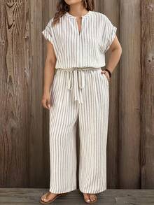 EMERY ROSE 大码梭织条纹度假休闲女式连体裤 - 杏色 - 查看 3