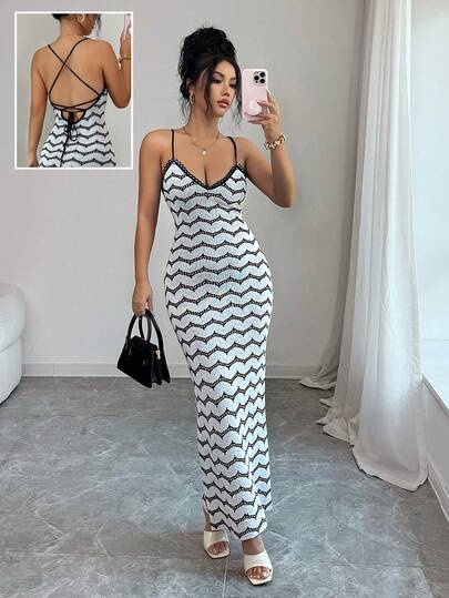 SHEIN Elenzya Wavy Striped Halter Neck Ruffle Trim Spaghetti Strap V-Neck Backless Bow Tie Women Sweater Dress