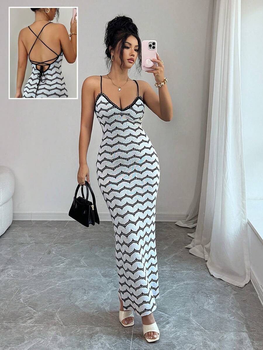 SHEIN Elenzya Wavy Striped Halter Neck Ruffle Trim Spaghetti Strap V-Neck Backless Bow Tie Women Sweater Dress - Multicolor - View 1