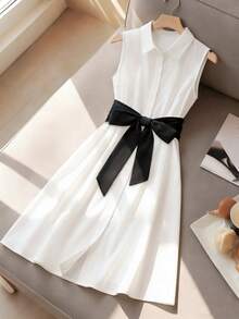 GlowEve Women's Casual Sleeveless Front Button Dress, Summer - White - View 3