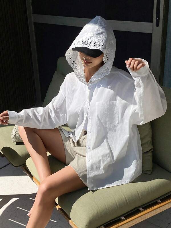 DAZY 女士撞色蕾丝宽松连帽长袖休闲度假防晒衬衫，春夏款