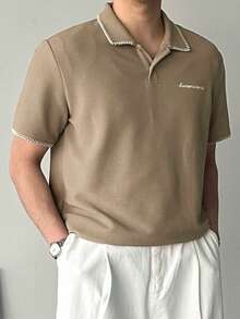 DAZY Men's Polo Shirt With Letter Embroidery And Contrast Collar Stitching Design, Summer - Khaki - View 1