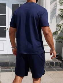 HIMLAND 男士休闲通勤时尚印花T恤套装 - 藏蓝色 - 查看 3