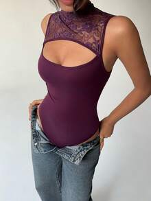 Aloruh 女士性感浪漫蕾丝拼接圆领修身连体衣 - 酒紅色 - 查看 5