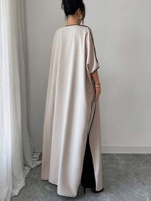 SHEIN Elenzya Black Contrast Trim Patchwork Loose Front Open Jacket - Khaki - View 2