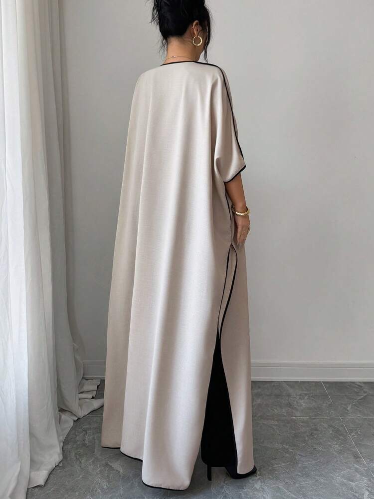 SHEIN Elenzya 黑色撞色滚边拼接宽松前开襟夹克 - 卡其色 - 查看 2