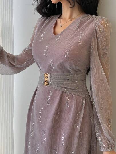 DAZY Women's Elegant Long Sleeve Dress With Sequin Decor Sparkly Dress Sundress