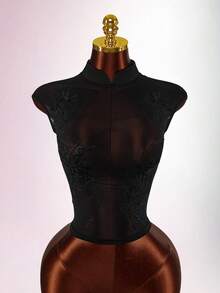 Amplova 女士薄纱花卉上衣，性感露背设计，立领，性感撩人 - 黑色 - 查看 8