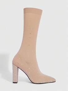 CUCCOO SZL 女士时尚高跟尖头闪亮踝靴圣诞节、约会之夜礼服情人节 - 杏色 - 查看 3