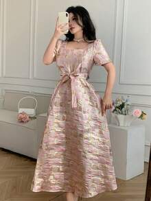 Celisse Textured Puff Sleeve Midi Dress, Square Neck, Cinched Waist Bow, Romantic Style For Dates And Commute, Elegant Tea Length Dress - Pink - View 4