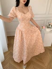 Celisse Champagne Jacquard Puff Sleeve Wrap Tie Waist Princess Dress, Elegant Vintage Palace Style Formal Dress - Dusty Pink - View 4