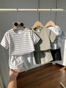 SHEIN 6件套男童可爱休闲假日沙滩恐龙条纹印花T恤短裤套装，适合春夏季节、日常穿着、运动、郊游、上学、聚会、节日、拍照等场合。 - 彩色 - 查看 3