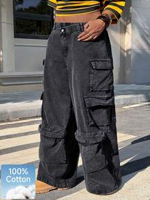 Muchica Quần cargo ống rộng cạp lệch, dáng rộng, chất liệu wash, thích hợp cho kỳ nghỉ hè, nghỉ xuân, lễ hội Carnival 2026, đi chơi, màu đen. - màu đen - Xem 1
