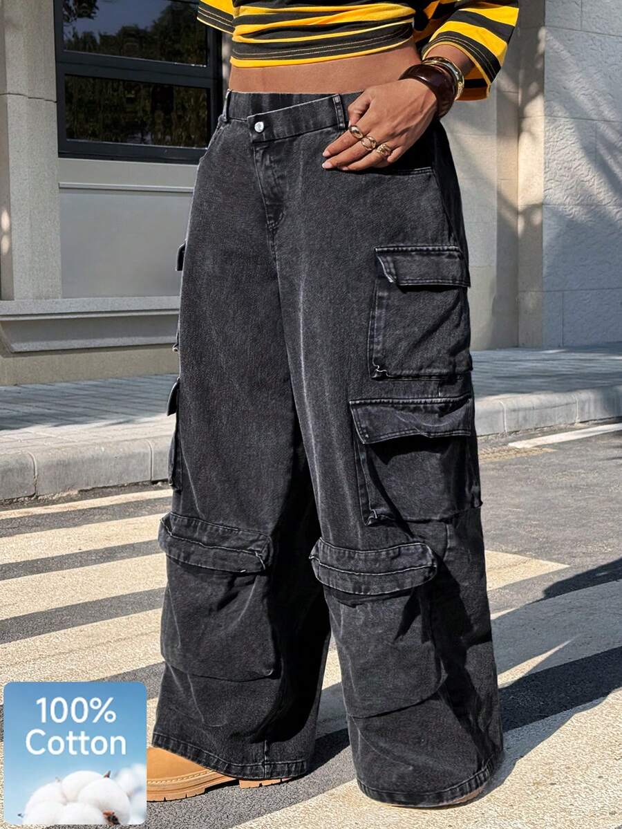 Muchica Quần cargo ống rộng cạp lệch, dáng rộng, chất liệu wash, thích hợp cho kỳ nghỉ hè, nghỉ xuân, lễ hội Carnival 2026, đi chơi, màu đen. - màu đen - Xem 1