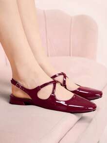 CUCCOO DOLLMOD 可爱蝴蝶结装饰玛丽珍平底鞋，杏色，方头，低跟，休闲通勤、约会、派对、购物、上学皆宜，甜美风格 - 酒紅色 - 查看 4