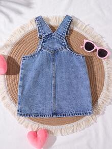 SHEIN Baby Girl Cute Pink Ribbon Bow Denim Dress,Kid Girls Spring And Summer Casual Vacation Country Boho Wear, Beach Outfits For Kid Girls, Spring Break Outfits,Rave Outfits Festival Denim Dress,Cute Vacation Print Dress - Light Wash - View 2