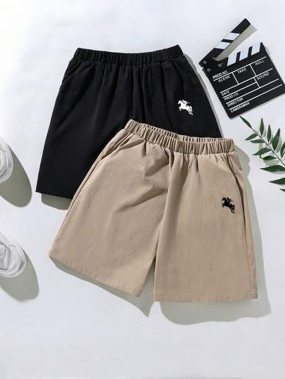 2pcs Casual Solid Color & Small Print Pattern Woven Shorts For Teenage Boys, Sturdy Fabric, Comfortable, Versatile Styling, New Summer Collection, Suitable For Spring, Summer, Autumn