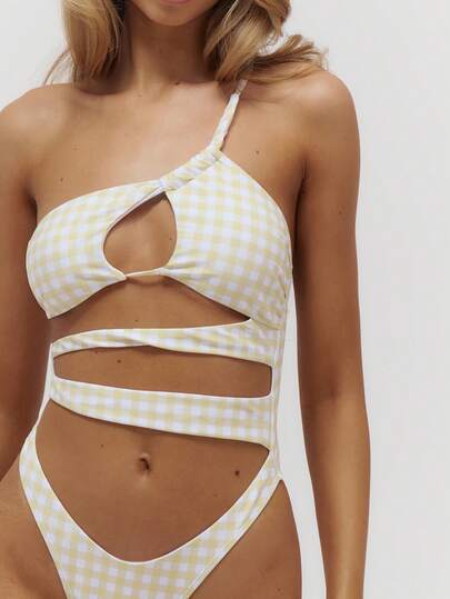 Musera Resort Check Print Asymmetric Shoulder Cut Out Detail Swimsuit Summer Swim Beachwear One-Piece Vacation Everyday Sexy Girly Cute Travel Essential Beach Attire Bambola